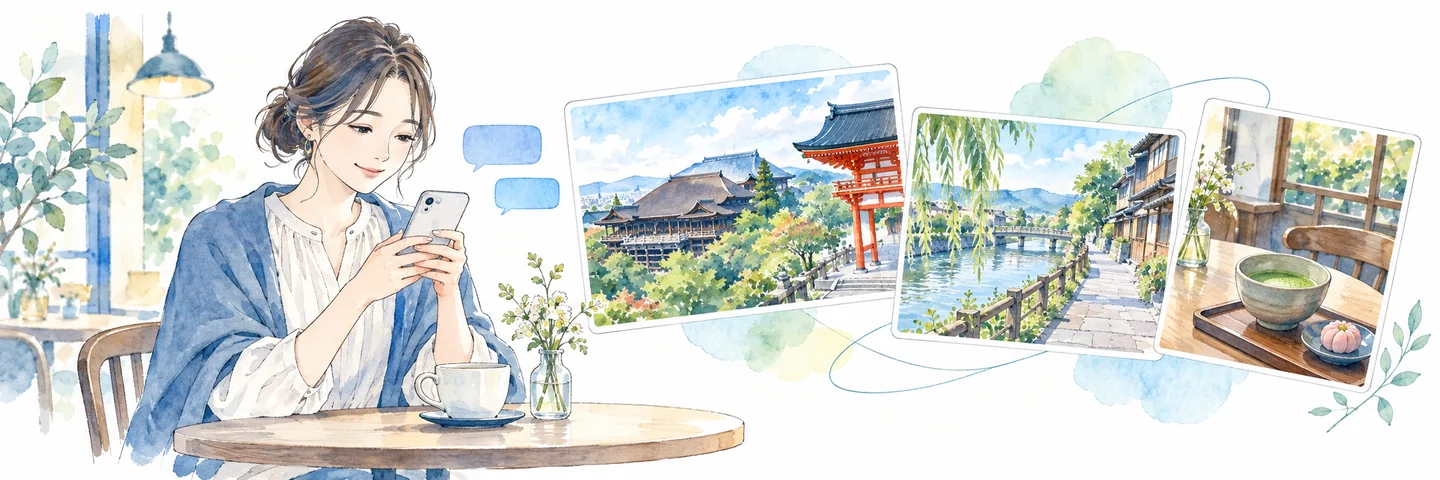 カフェでスマートフォンを見ながら、京都の観光や街歩きの案を考える人のイラスト