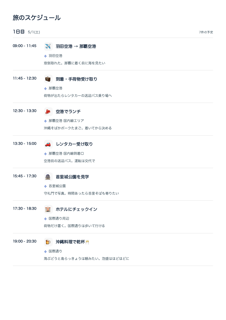 沖縄旅行のしおりのPDF出力例:旅のスケジュール