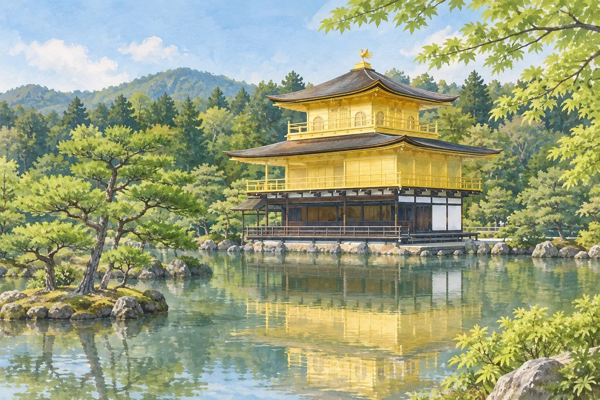 池に映る京都の金閣寺と新緑のイラスト