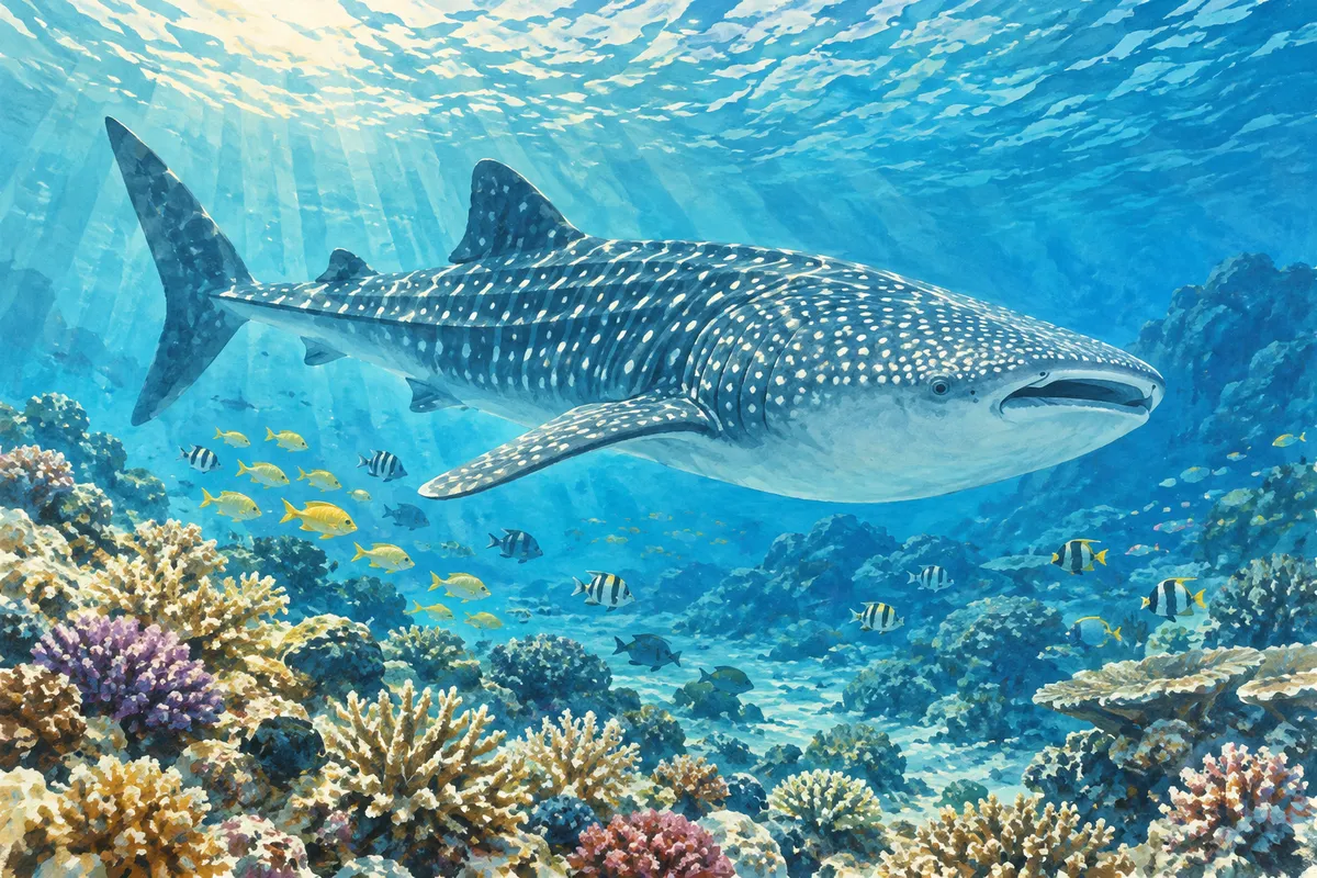 沖縄の海をイメージしたジンベエザメとサンゴのイラスト