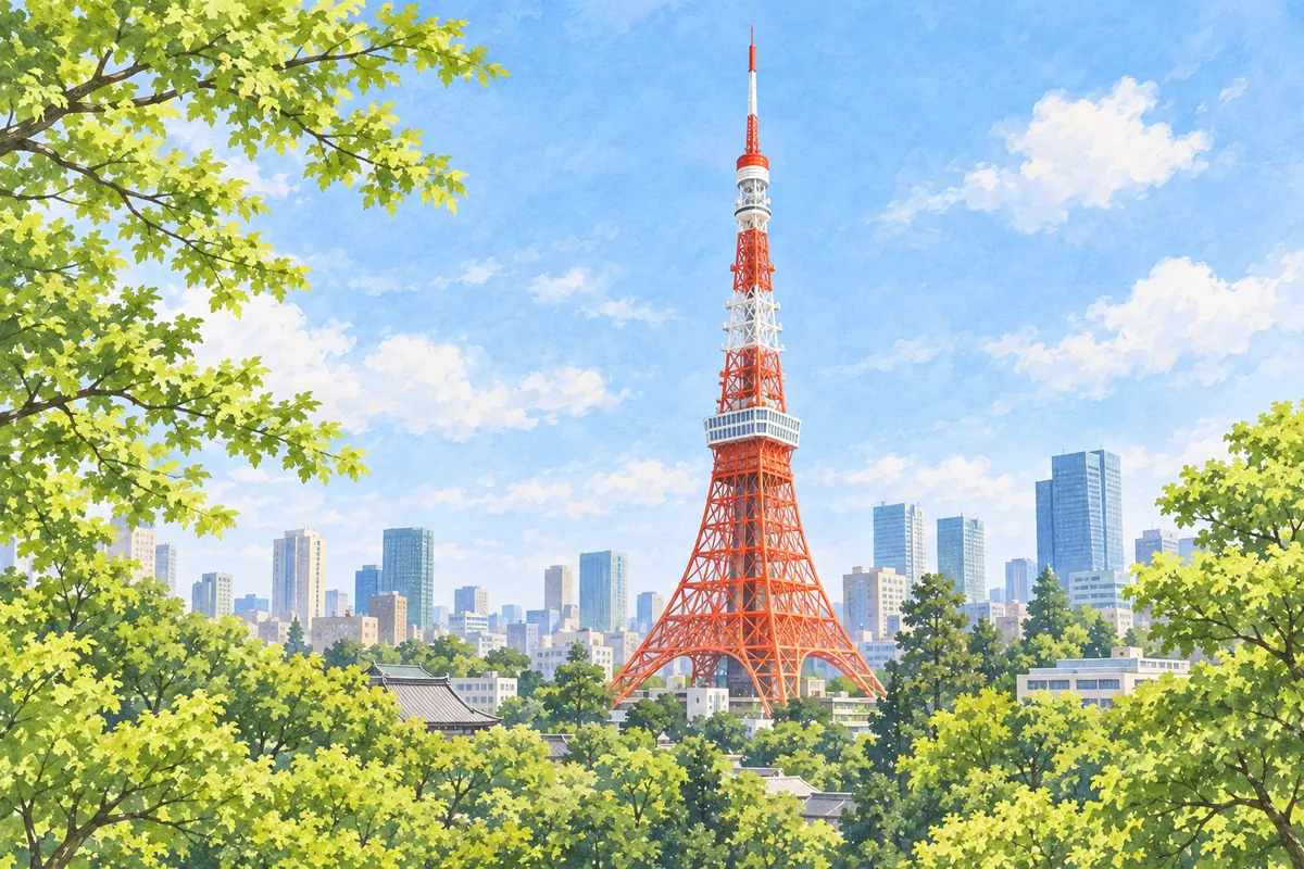 東京タワーと新緑、青空を描いたイラスト